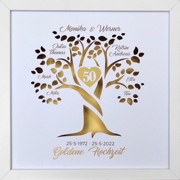 Geschenkideen zur Goldenen Hochzeit 50 Jahre verheiratet 3D Stammbaum mit Namen und Hochzeitsdatum eine bleibende Erinnerung